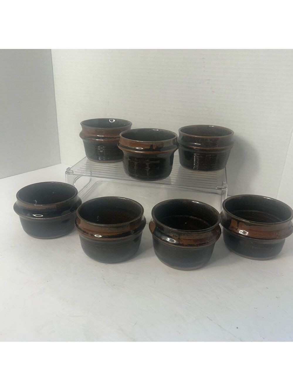 Set of 7 Vintage Drip Glazed Brown Ceramic Crocks Ramekins Rustic Artist Signed